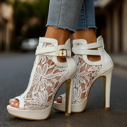 Lavisa - Women's Floral Lace Peep-Toe Stiletto Ankle-Strap Heels