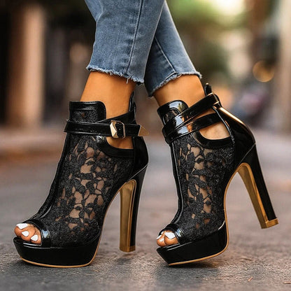 Women's Floral Lace Peep-Toe Stiletto Ankle-Strap Heels - Close-Up Texture & Detail | Lavisa