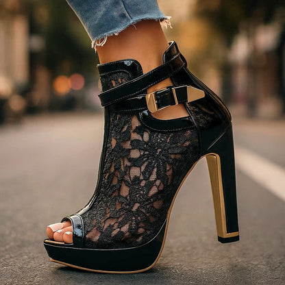 Women's Floral Lace Peep-Toe Stiletto Ankle-Strap Heels - Lifestyle & Model Angle | Lavisa