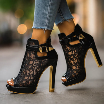 Women's Floral Lace Peep-Toe Stiletto Ankle-Strap Heels - Variant Angle | Lavisa