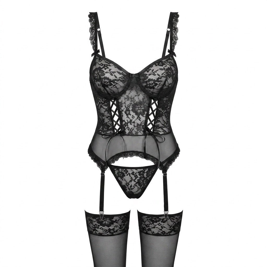 Women's Floral Lace Underwired Bustier Lingerie Set - Side Angle | Lavisa