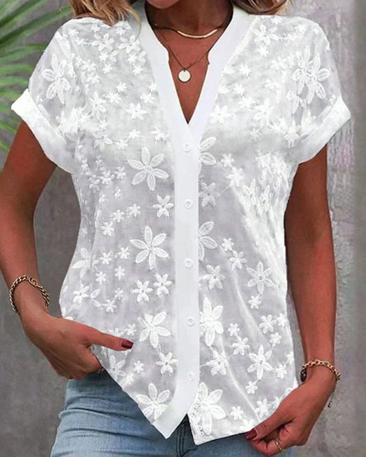 Lavisa - Women's Floral Lace V-Neck Button-Down Short Sleeve Blouse