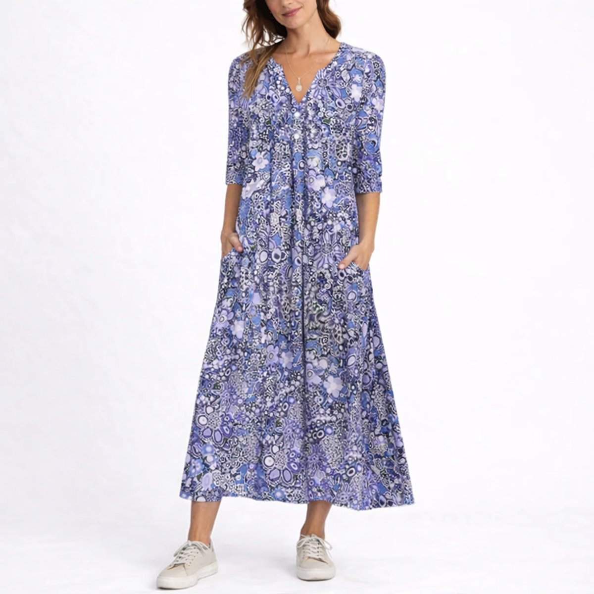 Women's Floral Midi Fall Wedding Guest Dress V-Neck Three-Quarter Sleeve - Front View | Lavisa