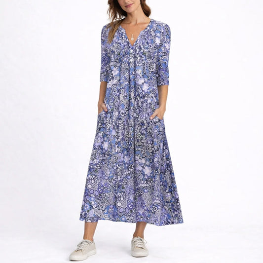 Lavisa - Women's Floral Midi Fall Wedding Guest Dress V-Neck Three-Quarter Sleeve