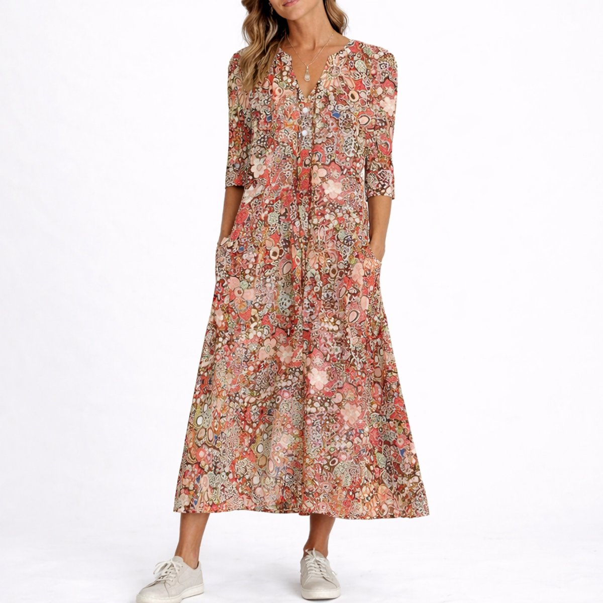 Women's Floral Midi Fall Wedding Guest Dress V-Neck Three-Quarter Sleeve - Side Angle | Lavisa