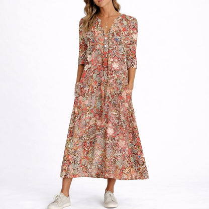 Women's Floral Midi Fall Wedding Guest Dress V-Neck Three-Quarter Sleeve - Side Angle | Lavisa