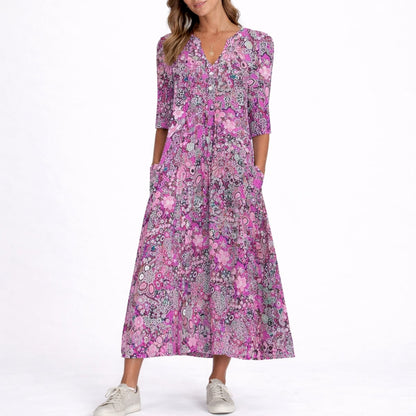 Women's Floral Midi Fall Wedding Guest Dress V-Neck Three-Quarter Sleeve - Back View | Lavisa