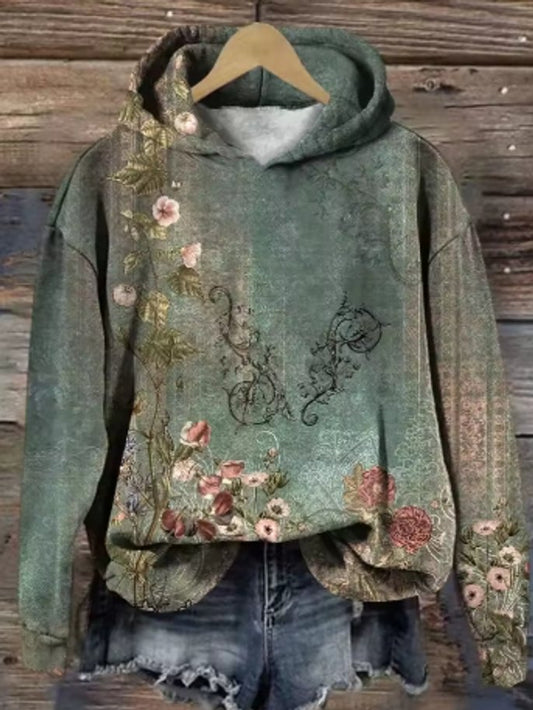 Lavisa - Women's Floral Print Hooded Knit Sweater Oversized Pullover