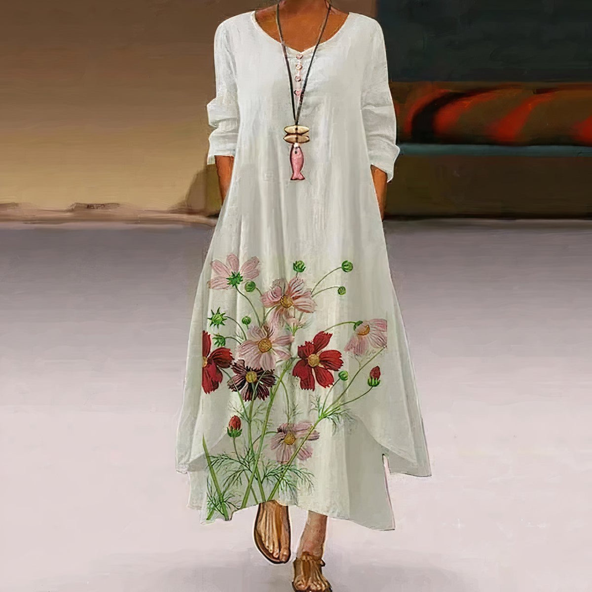 Women's Floral Print Long-Sleeve Loose A-Line Maxi Dress - Side Angle | Lavisa
