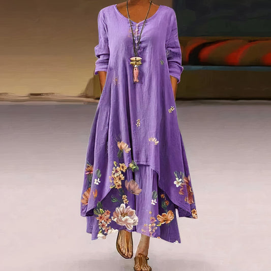 Lavisa - Women's Floral Print Long-Sleeve Loose A-Line Maxi Dress