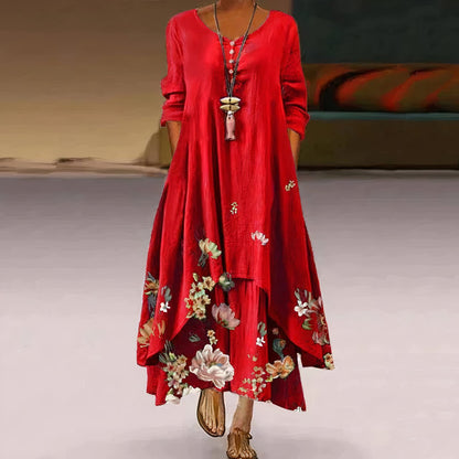 Women's Floral Print Long-Sleeve Loose A-Line Maxi Dress - Back View | Lavisa