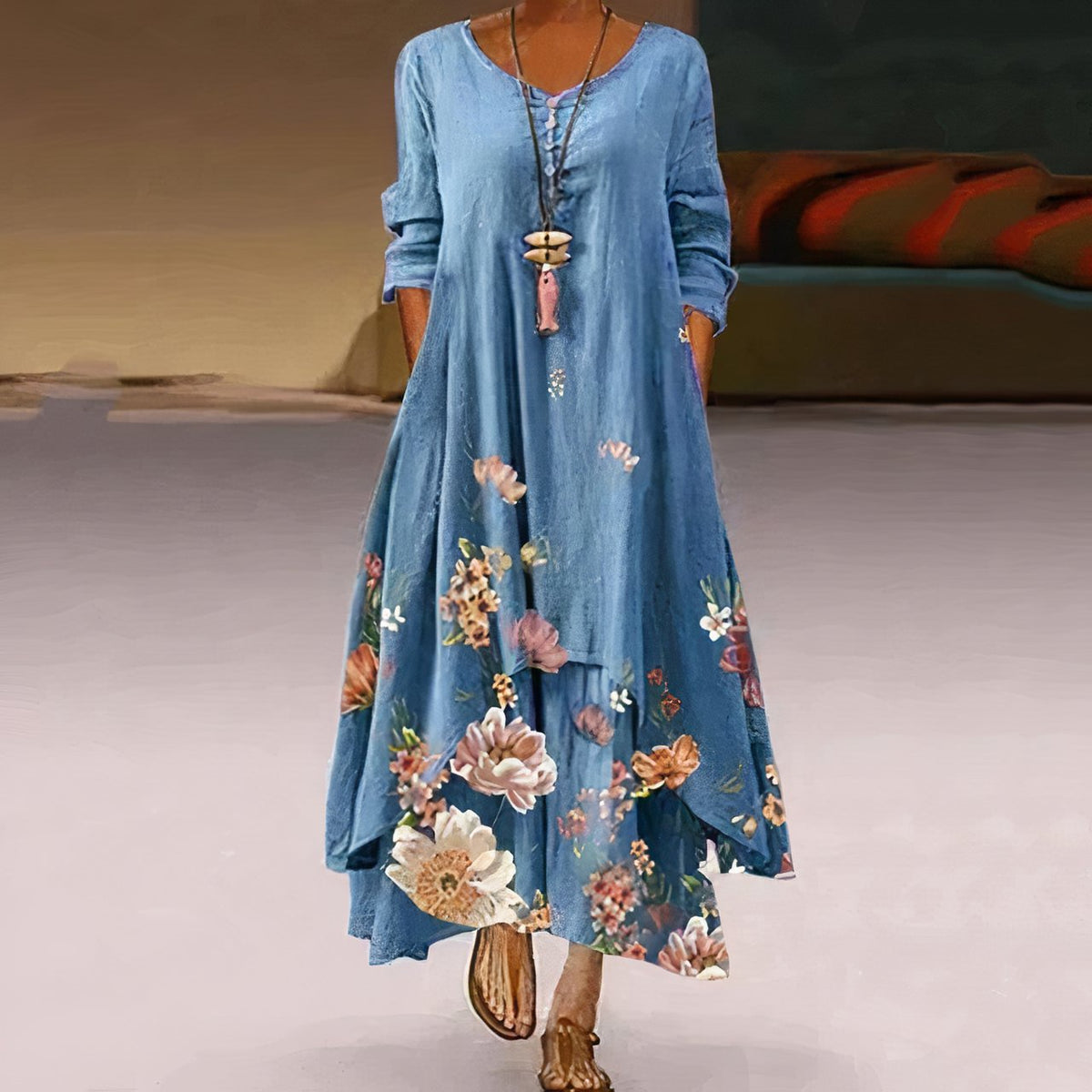 Women's Floral Print Long-Sleeve Loose A-Line Maxi Dress - Close-Up Texture & Detail | Lavisa