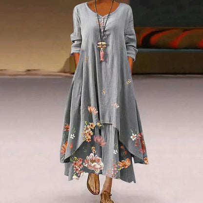Women's Floral Print Long-Sleeve Loose A-Line Maxi Dress - Sole & Material View | Lavisa