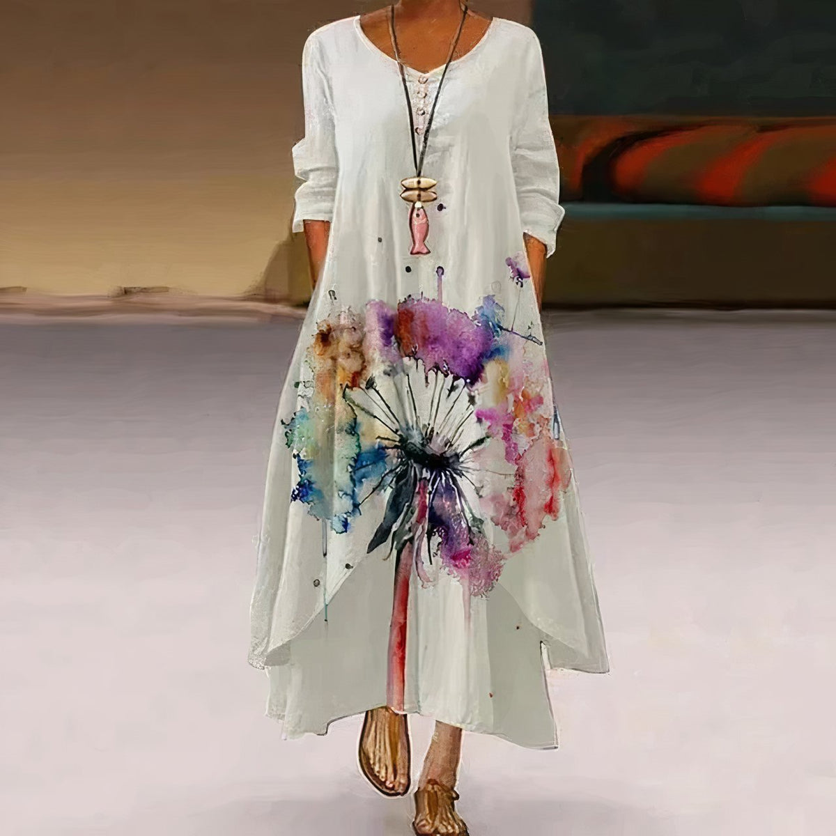 Women's Floral Print Long-Sleeve Loose A-Line Maxi Dress - Lifestyle & Model Angle | Lavisa