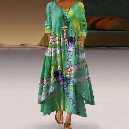 Women's Floral Print Long-Sleeve Loose A-Line Maxi Dress - Variant Angle | Lavisa