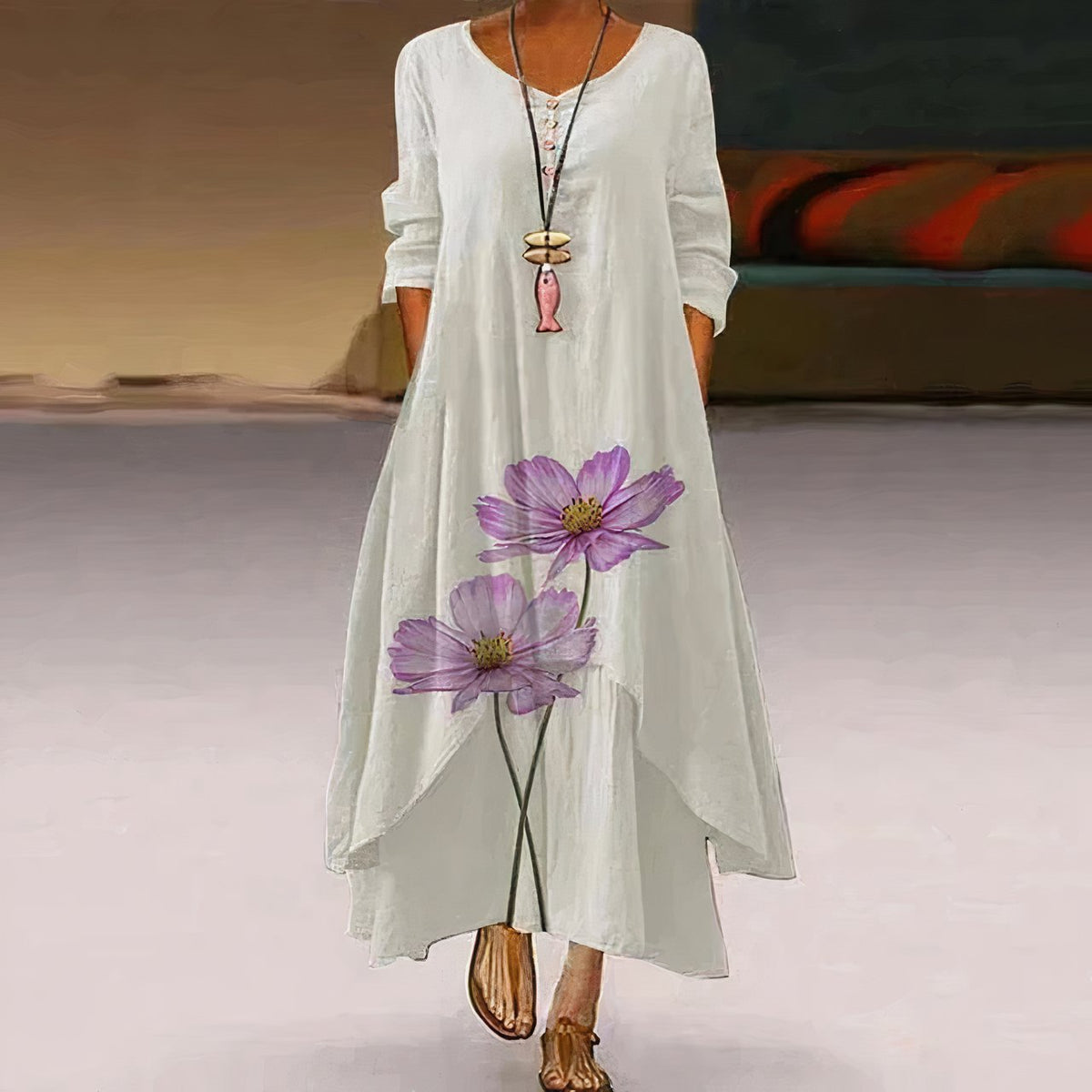 Women's Floral Print Long-Sleeve Loose A-Line Maxi Dress - Variant Style 8 | Lavisa