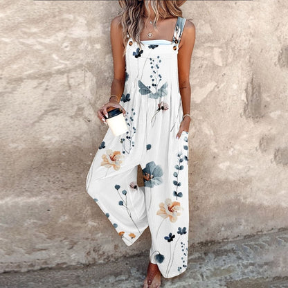 Women's Floral Print Wide-Leg Sleeveless Dungaree Jumpsuit - Front View | Lavisa