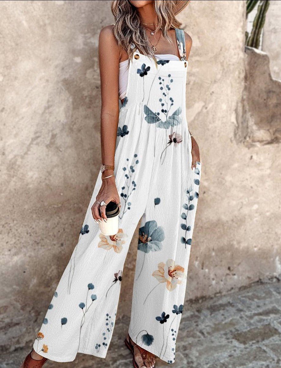 Women's Floral Print Wide-Leg Sleeveless Dungaree Jumpsuit - Back View | Lavisa
