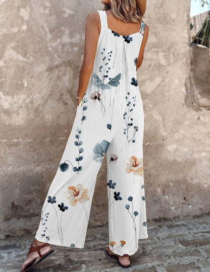 Women's Floral Print Wide-Leg Sleeveless Dungaree Jumpsuit - Close-Up Texture & Detail | Lavisa
