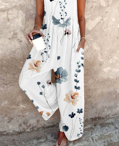 Women's Floral Print Wide-Leg Sleeveless Dungaree Jumpsuit - Sole & Material View | Lavisa