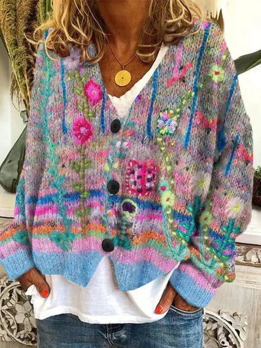 Lavisa - Women's Floral Printed Button-Up Oversized Cardigan