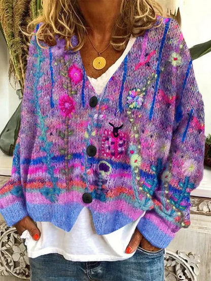 Women's Floral Printed Button-Up Oversized Cardigan - Side Angle | Lavisa