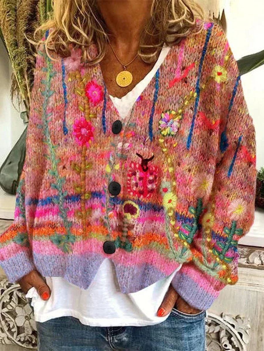 Women's Floral Printed Button-Up Oversized Cardigan - Back View | Lavisa