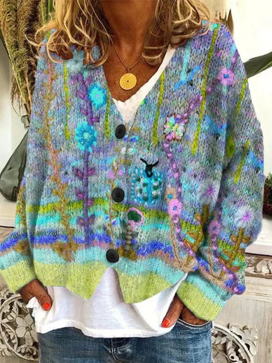 Women's Floral Printed Button-Up Oversized Cardigan - Close-Up Texture & Detail | Lavisa