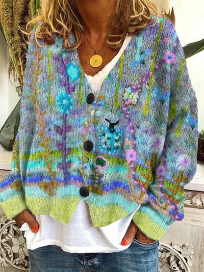 Women's Floral Printed Button-Up Oversized Cardigan - Close-Up Texture & Detail | Lavisa