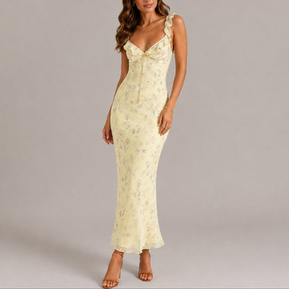 Women's Floral Ruffle Strap Fitted Maxi Fall Wedding Guest Dress - Front View | Lavisa