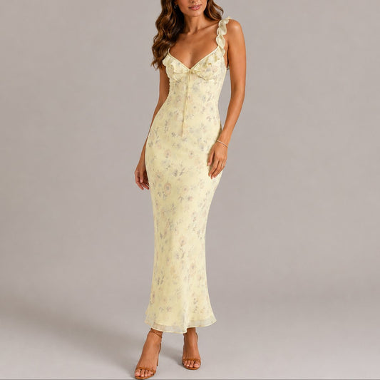 Lavisa - Women's Floral Ruffle Strap Fitted Maxi Fall Wedding Guest Dress