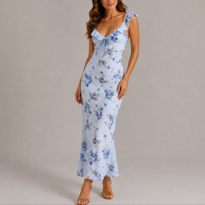 Women's Floral Ruffle Strap Fitted Maxi Fall Wedding Guest Dress - Side Angle | Lavisa