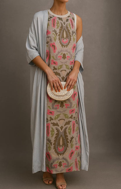 Women's Floral Sleeveless Maxi Dress Matching Shawl Set - Back View | Lavisa