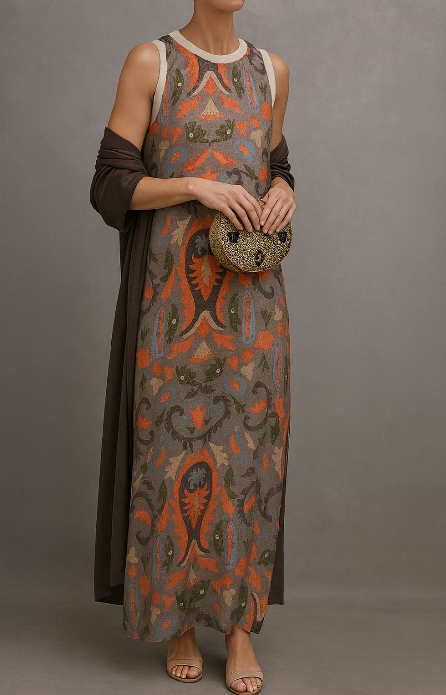 Women's Floral Sleeveless Maxi Dress Matching Shawl Set - Close-Up Texture & Detail | Lavisa