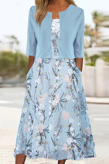 Floral Two Piece A Line Midi Dress - Detail & Stitching | Lavisa