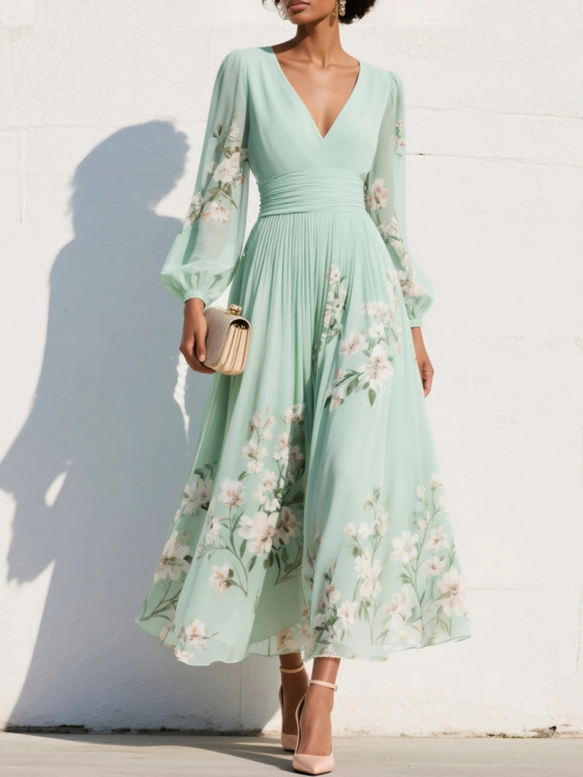 Women's Floral V-Neck Balloon-Sleeve Midi Dress - Front View | Lavisa