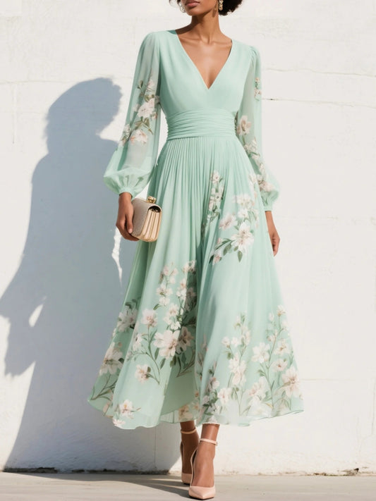 Lavisa - Women's Floral V-Neck Balloon-Sleeve Midi Dress
