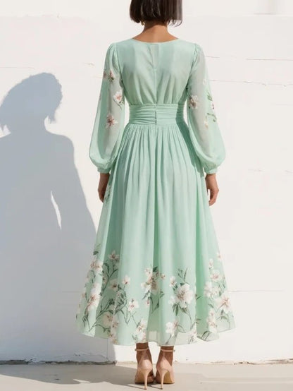 Women's Floral V-Neck Balloon-Sleeve Midi Dress - Side Angle | Lavisa