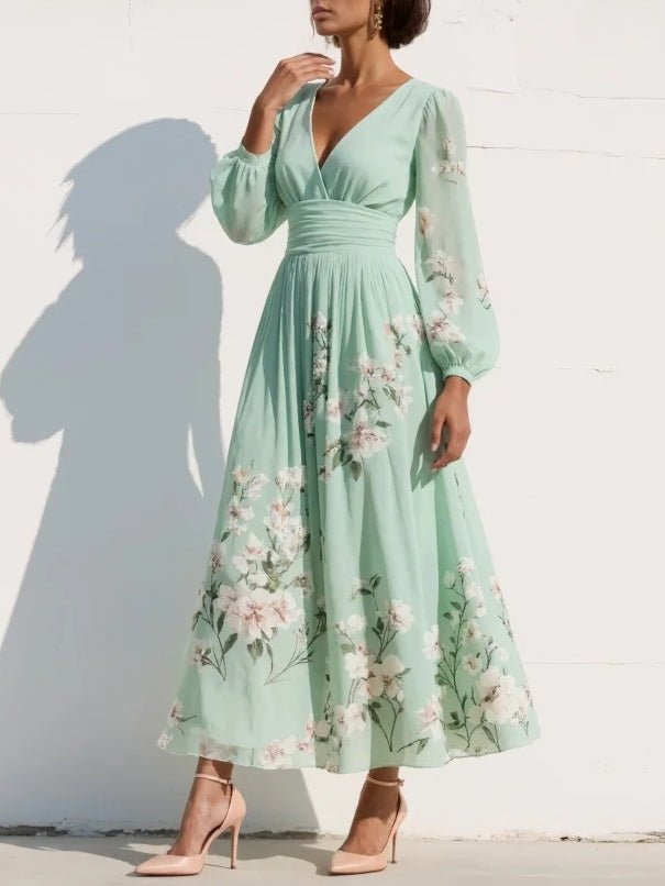 Women's Floral V-Neck Balloon-Sleeve Midi Dress - Back View | Lavisa