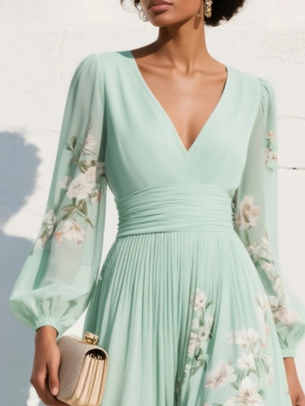 Women's Floral V-Neck Balloon-Sleeve Midi Dress - Close-Up Texture & Detail | Lavisa