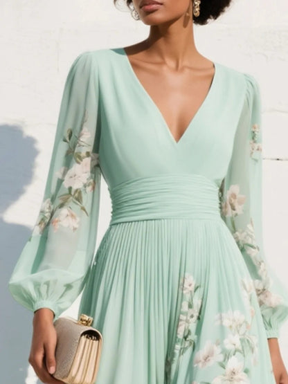 Women's Floral V-Neck Balloon-Sleeve Midi Dress - Close-Up Texture & Detail | Lavisa