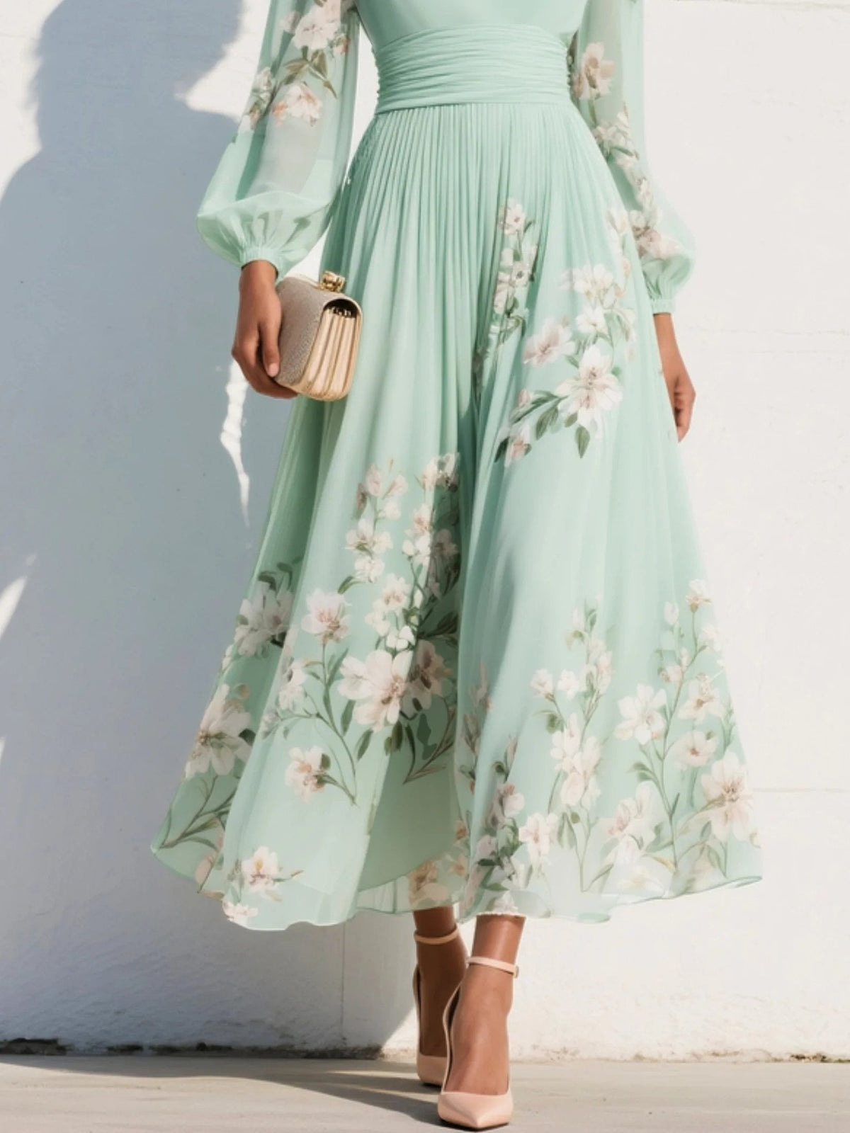 Women's Floral V-Neck Balloon-Sleeve Midi Dress - Sole & Material View | Lavisa