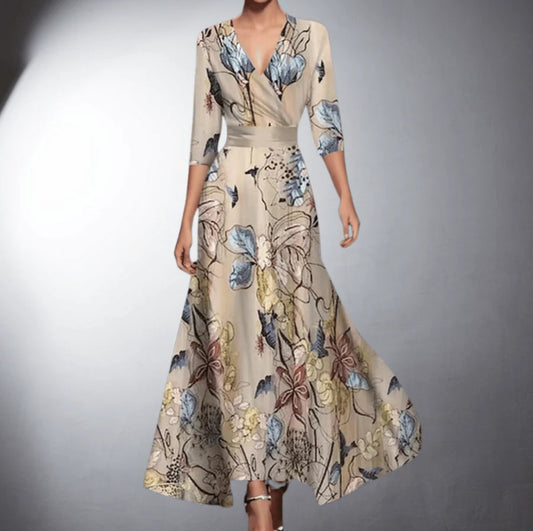 Lavisa - Women's Floral Wrap Maxi Formal Dresses V-Neck Three-Quarter Sleeve