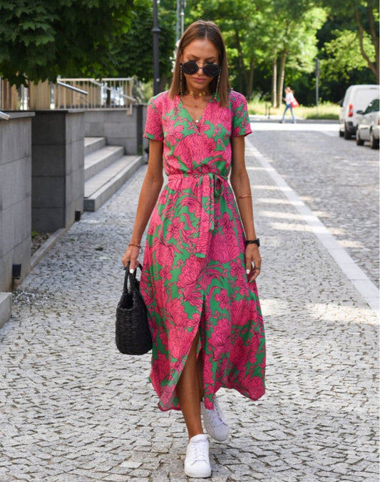 Lavisa - Women's Floral Wrap V-Neck Tie-Waist Cotton Midi Dress
