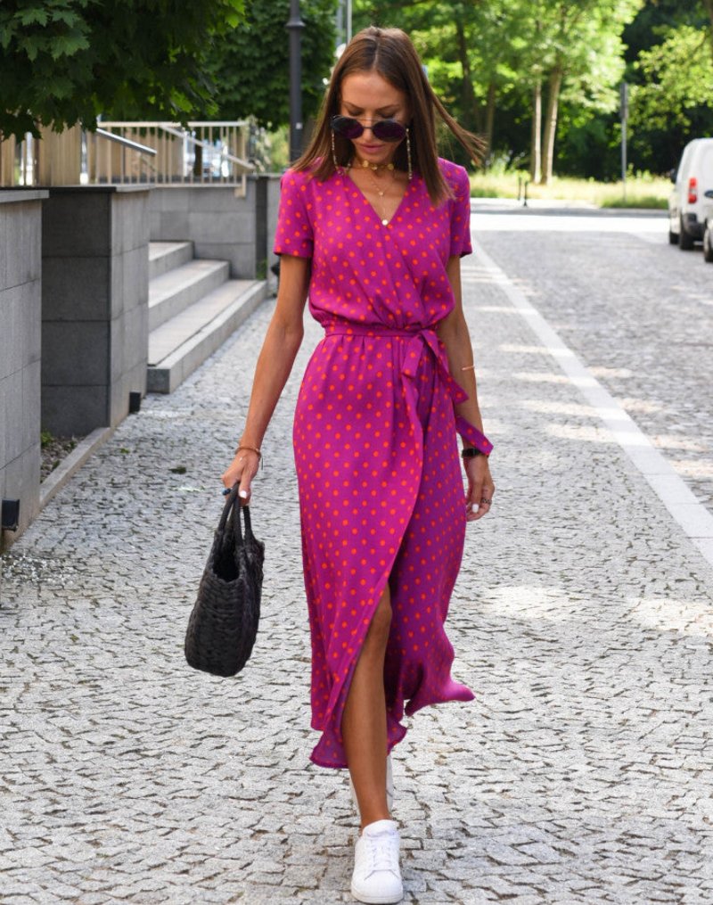 Lavisa - Women's Floral Wrap V-Neck Tie-Waist Cotton Midi Dress