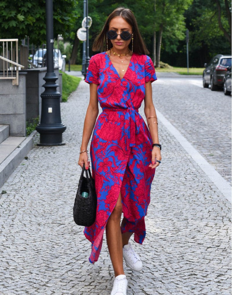 Lavisa - Women's Floral Wrap V-Neck Tie-Waist Cotton Midi Dress