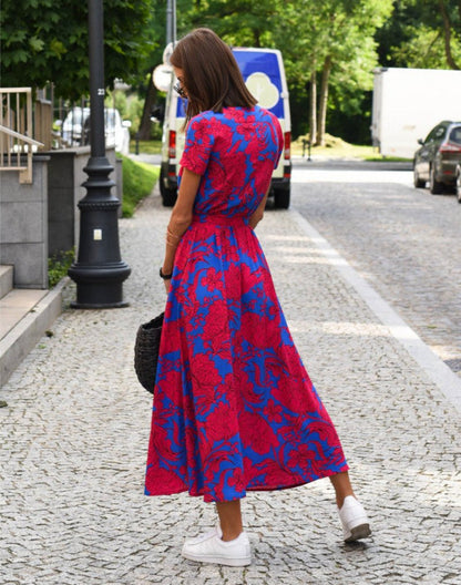 Lavisa - Women's Floral Wrap V-Neck Tie-Waist Cotton Midi Dress