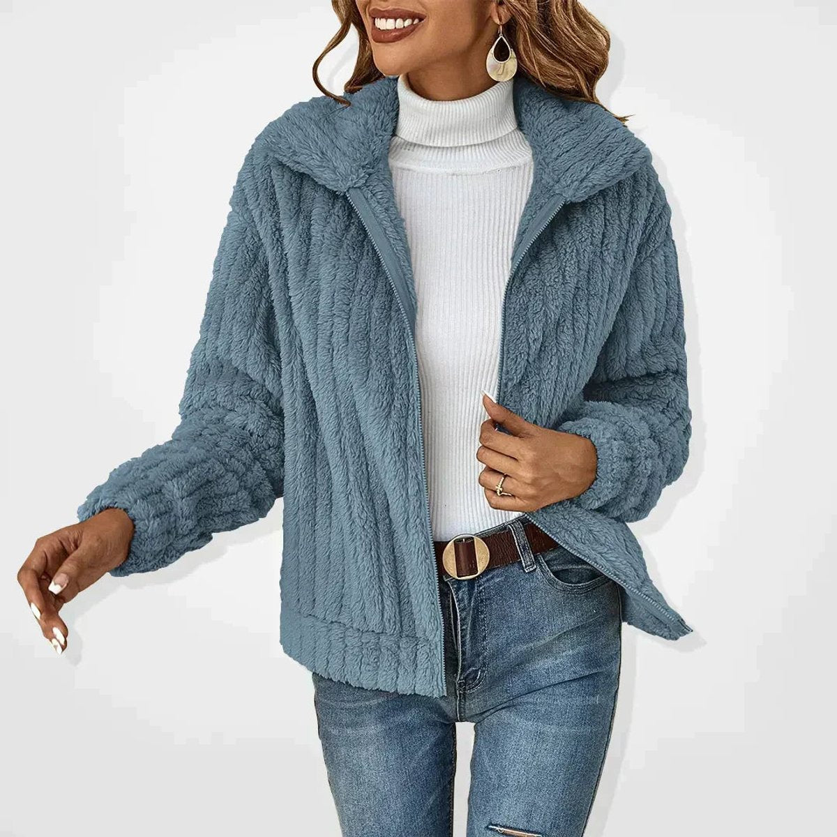 Women's Fluffy Plush Zip-Up Oversized Cardigan Jacket - Side Angle | Lavisa