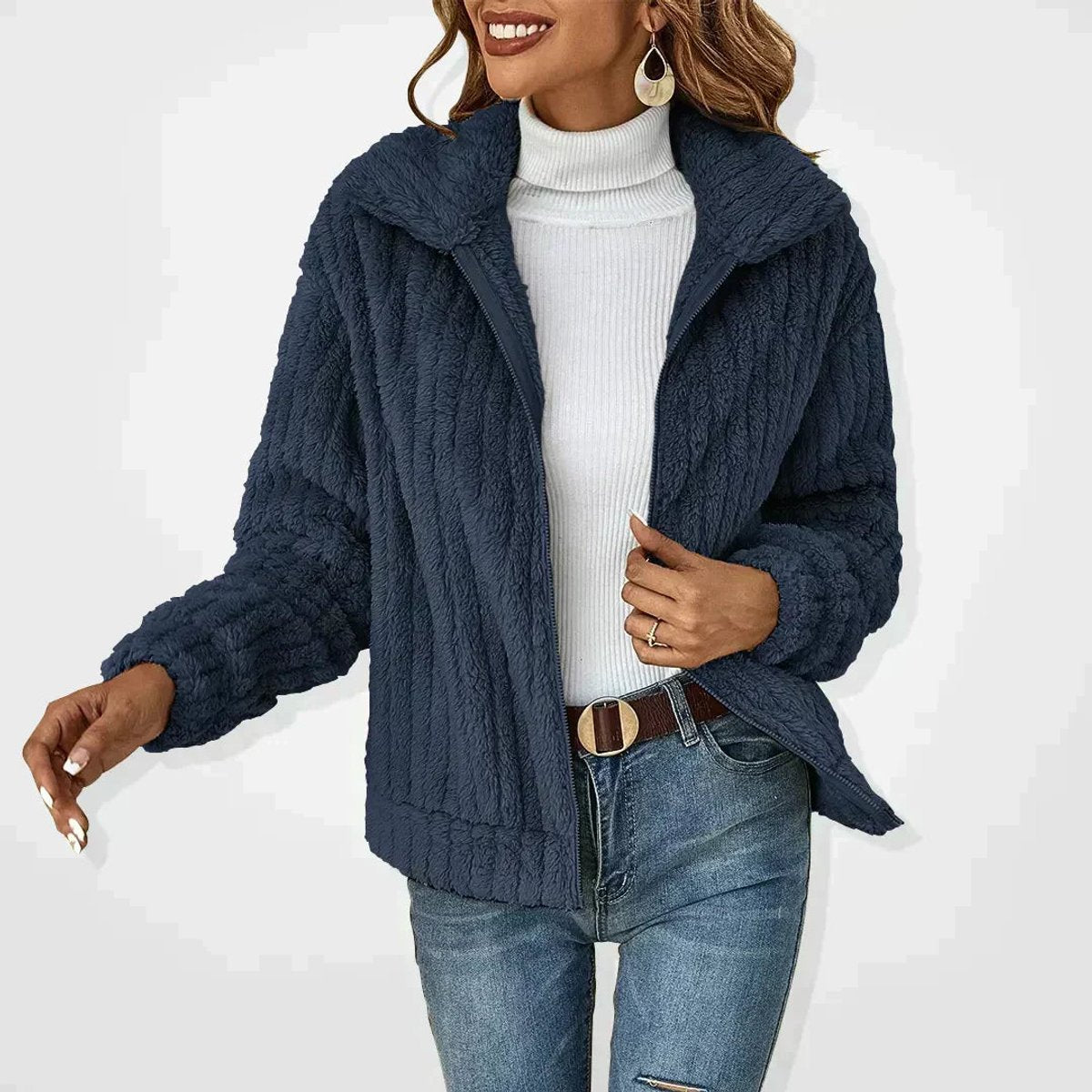 Women's Fluffy Plush Zip-Up Oversized Cardigan Jacket - Close-Up Texture & Detail | Lavisa