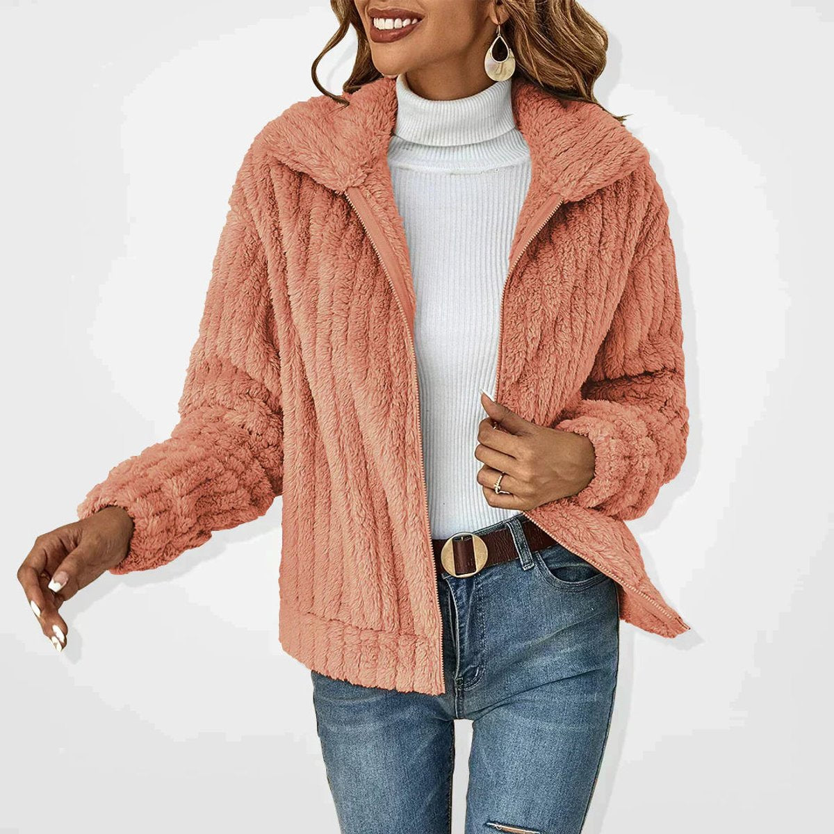 Women's Fluffy Plush Zip-Up Oversized Cardigan Jacket - Sole & Material View | Lavisa